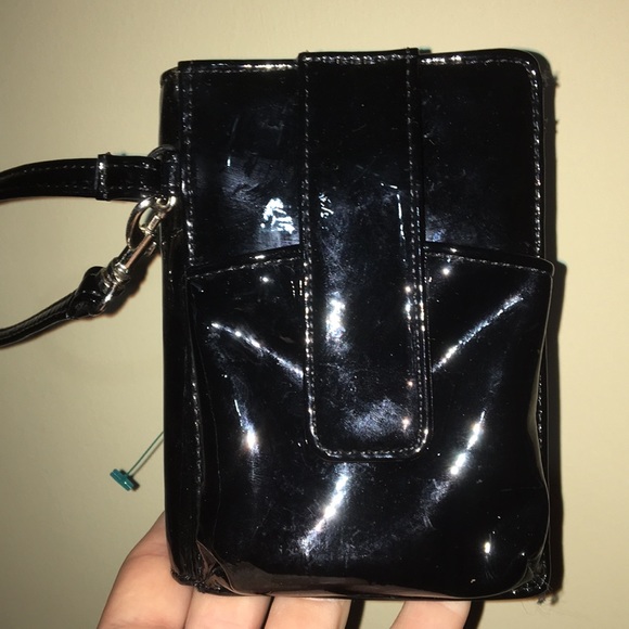 Shiny black sexy zipper sleek snap secure wristlet phone mini fun little bag new - Picture 10 of 15
